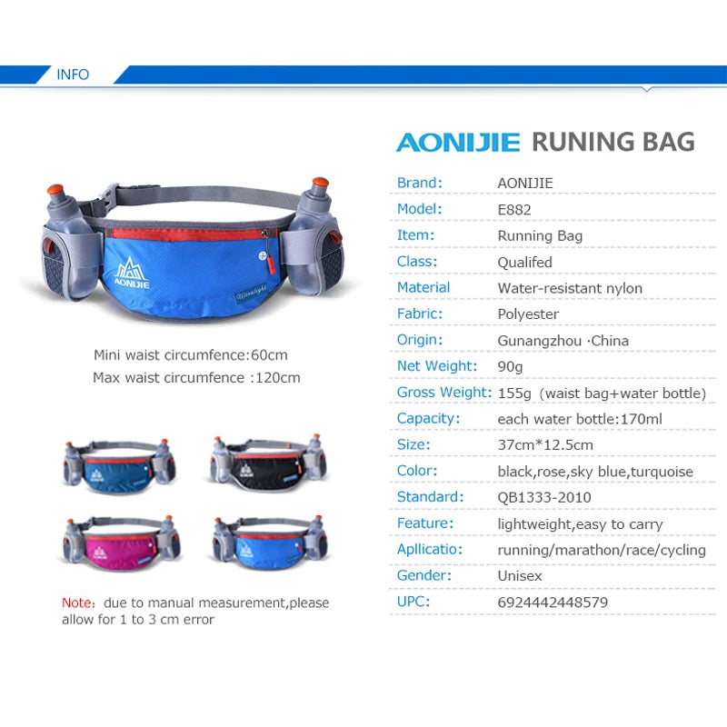 E882 Marathon Jogging Cycling Running Hydration Belt Waist Bag Pouch Fanny Pack Phone Holder with 170Ml Water Bottles
