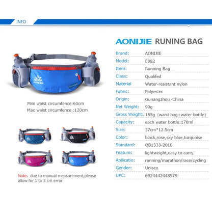 E882 Marathon Jogging Cycling Running Hydration Belt Waist Bag Pouch Fanny Pack Phone Holder with 170Ml Water Bottles
