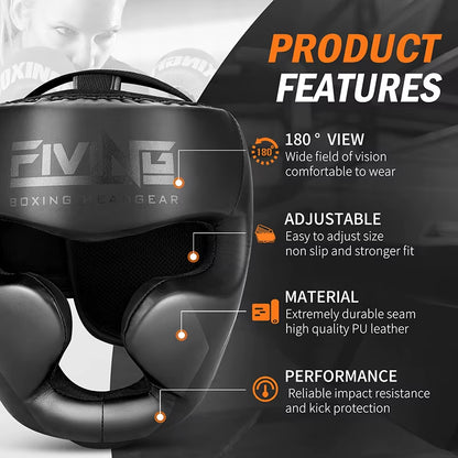 FIVING Full-Covered Boxing Helmet Muay Thai PU Leather Training Sparring Boxing Headgear Gym Equipment Taekwondo Head Guard
