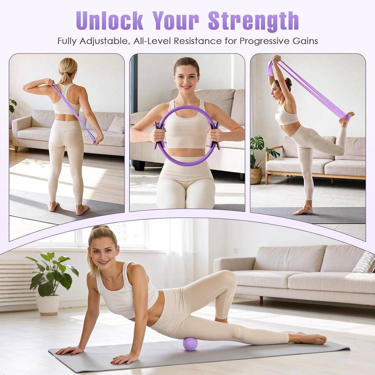 Pilates Kit, Pilates Equipment for Home Workouts, Home Pilates Essentials Kit for Women with Pilates Ring and Ball Set, Socks, Ankle Resistance Bands with Cuffs, Resistance Band and Massage Ball