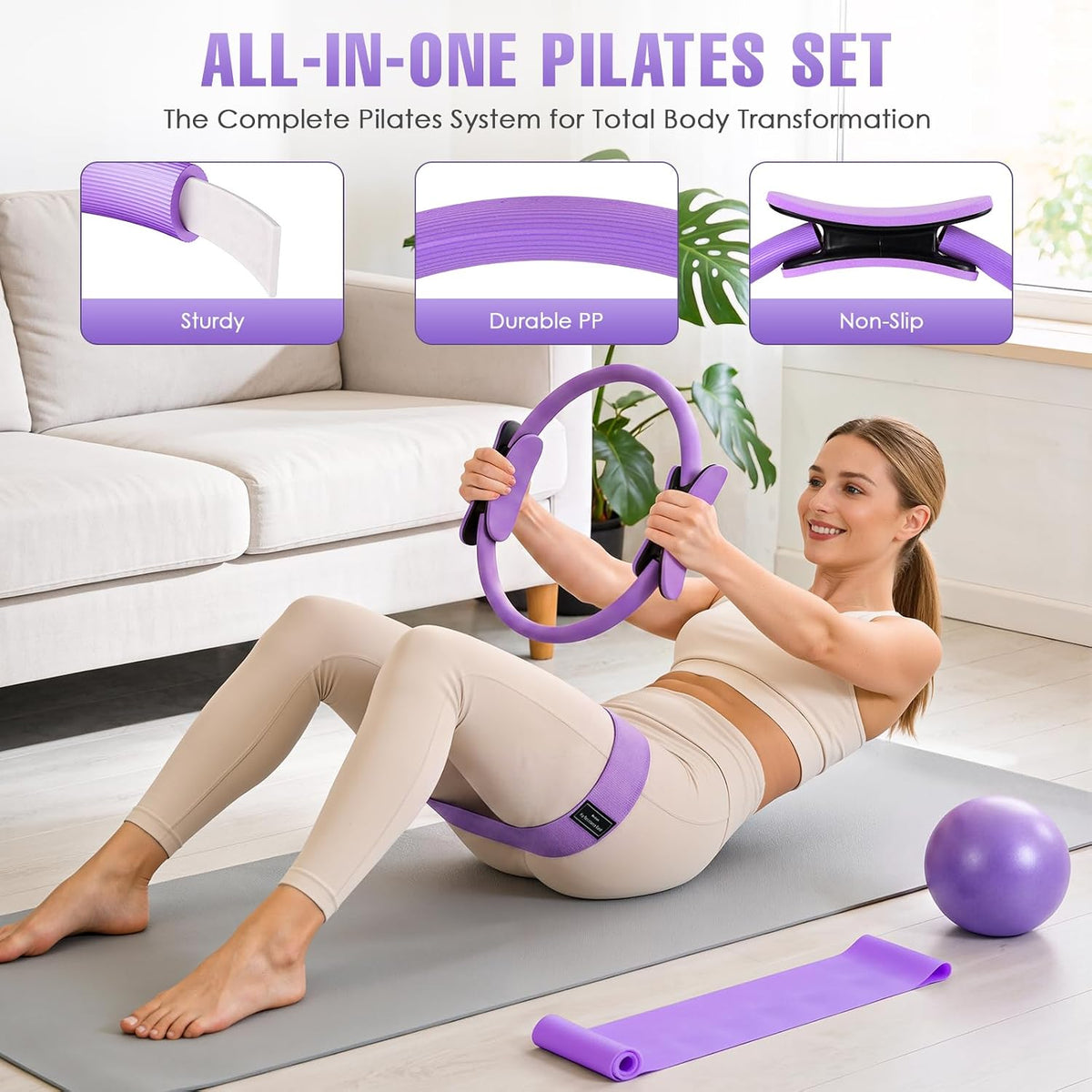 Pilates Kit, Pilates Equipment for Home Workouts, Home Pilates Essentials Kit for Women with Pilates Ring and Ball Set, Socks, Ankle Resistance Bands with Cuffs, Resistance Band and Massage Ball